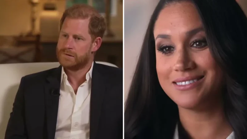 Composite image: Prince Harry in a BBC News interview and Meghan Markle in her Netflix docuseries