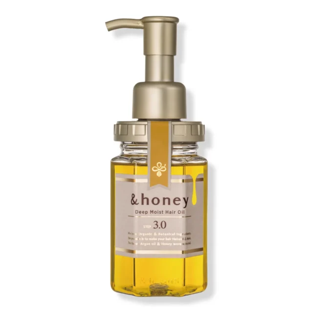 The &honey Deep Moist Hair Oil, Step 3.0, a small clear bottle of golden oil with a gold pump