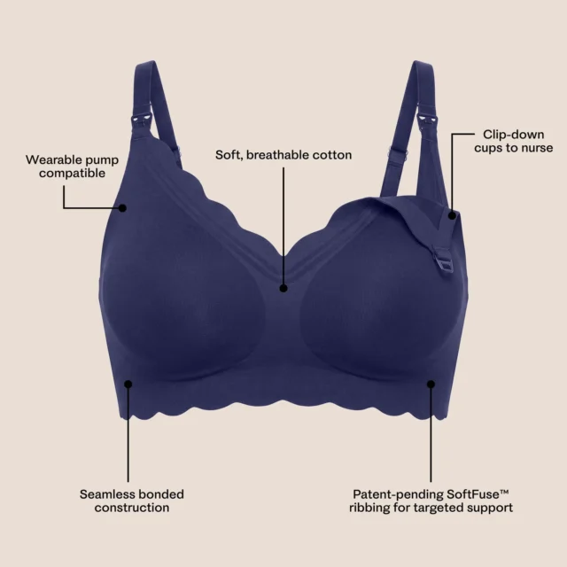 The Kindred Bravely BareBond Cotton Maternity & Nursing Bra in navy, with labels pointing to the clip-down cups, cotton, bonded construction and SoftFuse ribbing