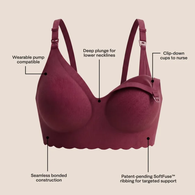 The Kindred Bravely BareBond Cotton Plunge nursing bra in garnet, with labels pointing to the deep plunge, clip-down cups and SoftFuse ribbing