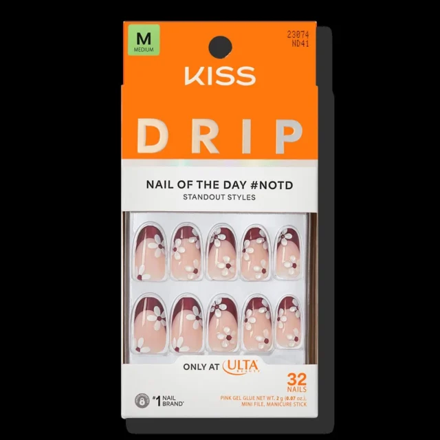 A box of KISS Drip medium press-on nails in the Like-Minded style, dark red French tips with white 3D flowers, 32 nails, only at Ulta