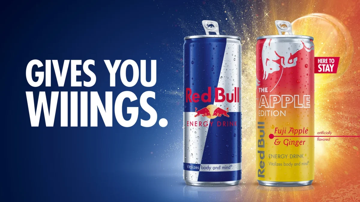 A can of original Red Bull Energy Drink next to a red and yellow can of Red Bull Apple Edition, Fuji Apple and Ginger, with a Here to stay tag