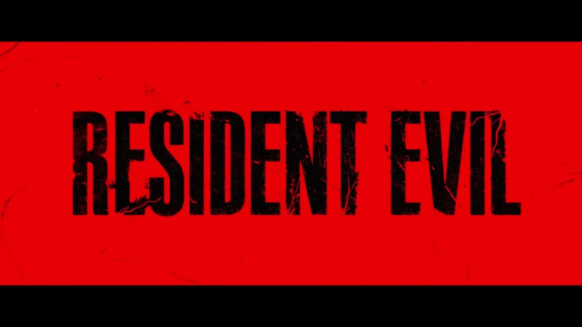 The Resident Evil title card in black letters on a red background, from the official trailer