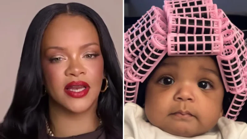 Composite image: Rihanna with red lipstick in a Fenty Beauty video, left, and her daughter Rocki wearing pink hair rollers, right