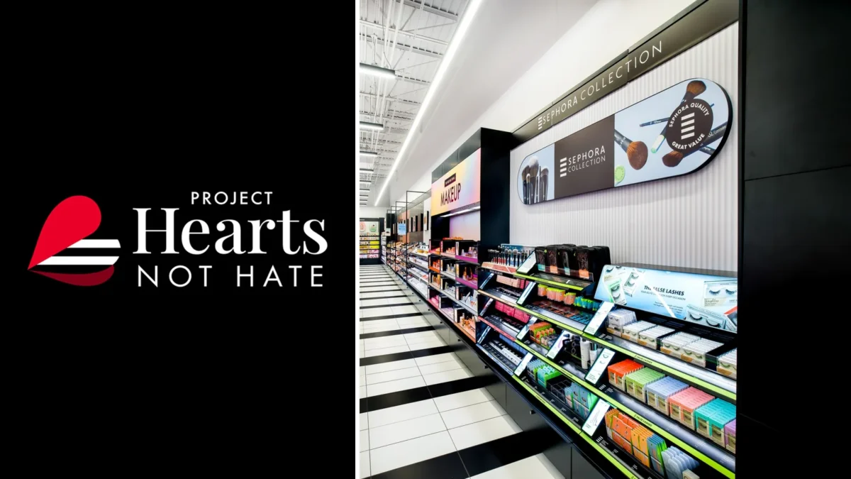 Composite image: the red heart logo of Sephora's Project Hearts Not Hate on black at left, and the Sephora Collection aisle in a Sephora store, with makeup on lit shelves under a Sephora Collection sign, at right