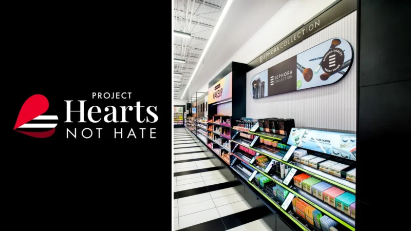 Composite image: the red heart logo of Sephora's Project Hearts Not Hate on black at left, and the Sephora Collection aisle in a Sephora store, with makeup on lit shelves under a Sephora Collection sign, at right