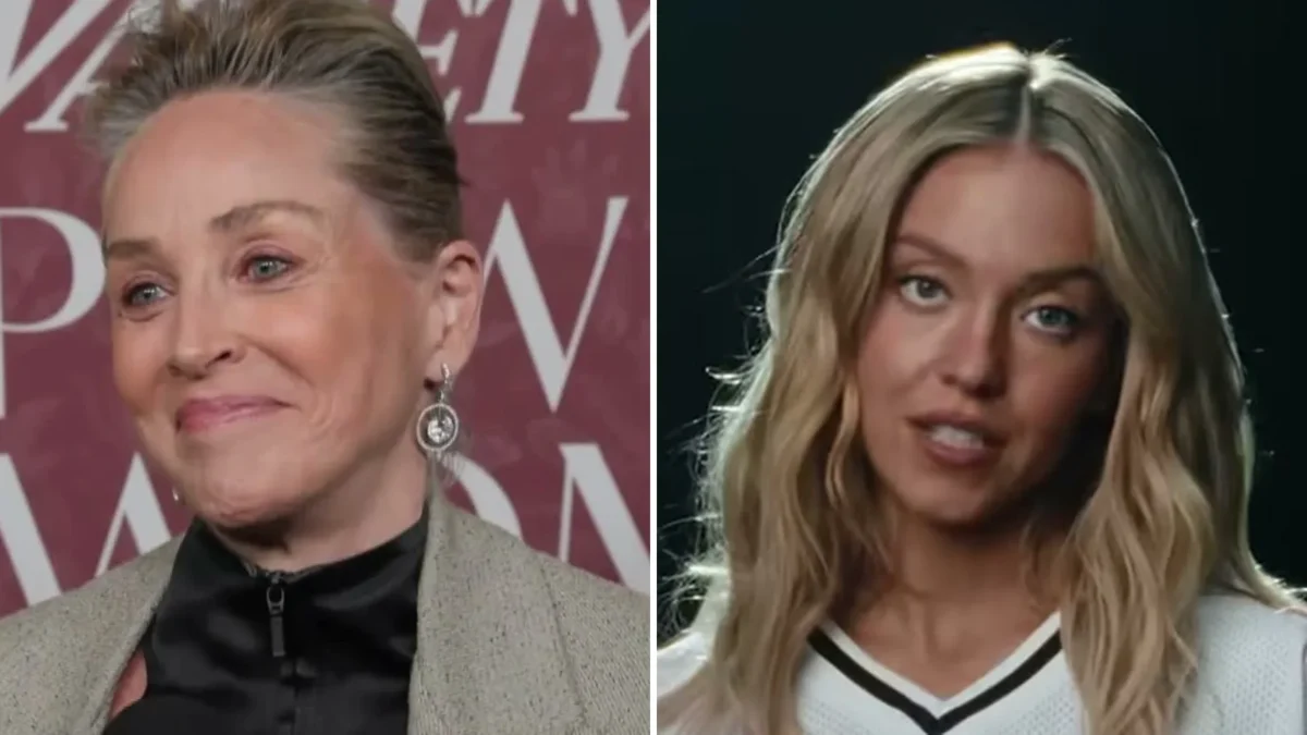 Composite image: Sharon Stone smiling on the red carpet at Variety's Power of Women, and Sydney Sweeney in a white Novig football jersey in the company's ad