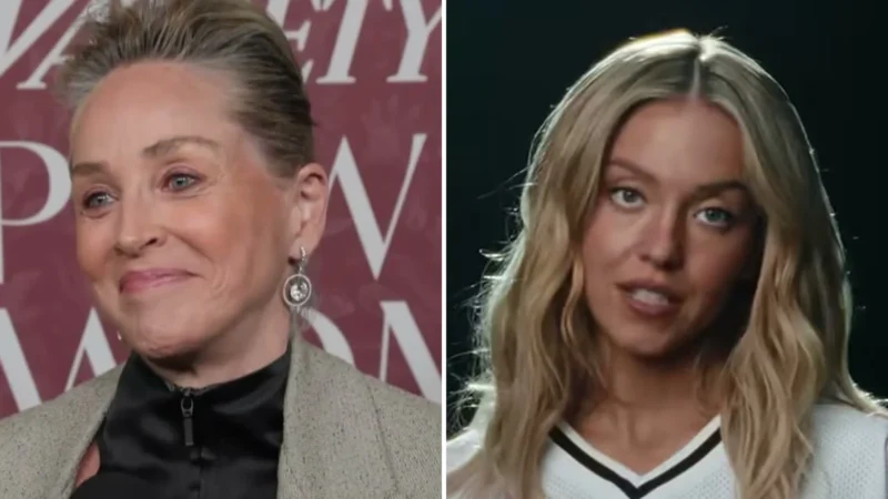 Composite image: Sharon Stone smiling on the red carpet at Variety's Power of Women, and Sydney Sweeney in a white Novig football jersey in the company's ad
