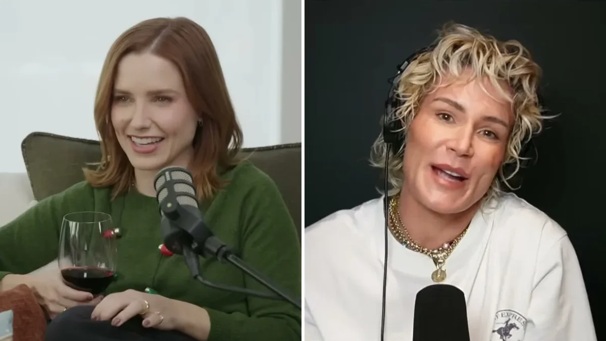 Composite image: Sophia Bush in a green sweater smiling on a couch, and Ashlyn Harris with curly blond hair and headphones speaking into a microphone