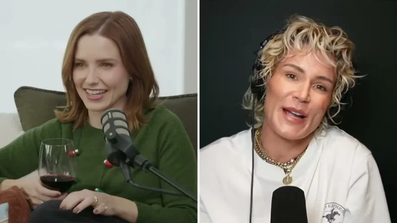Composite image: Sophia Bush in a green sweater smiling on a couch, and Ashlyn Harris with curly blond hair and headphones speaking into a microphone
