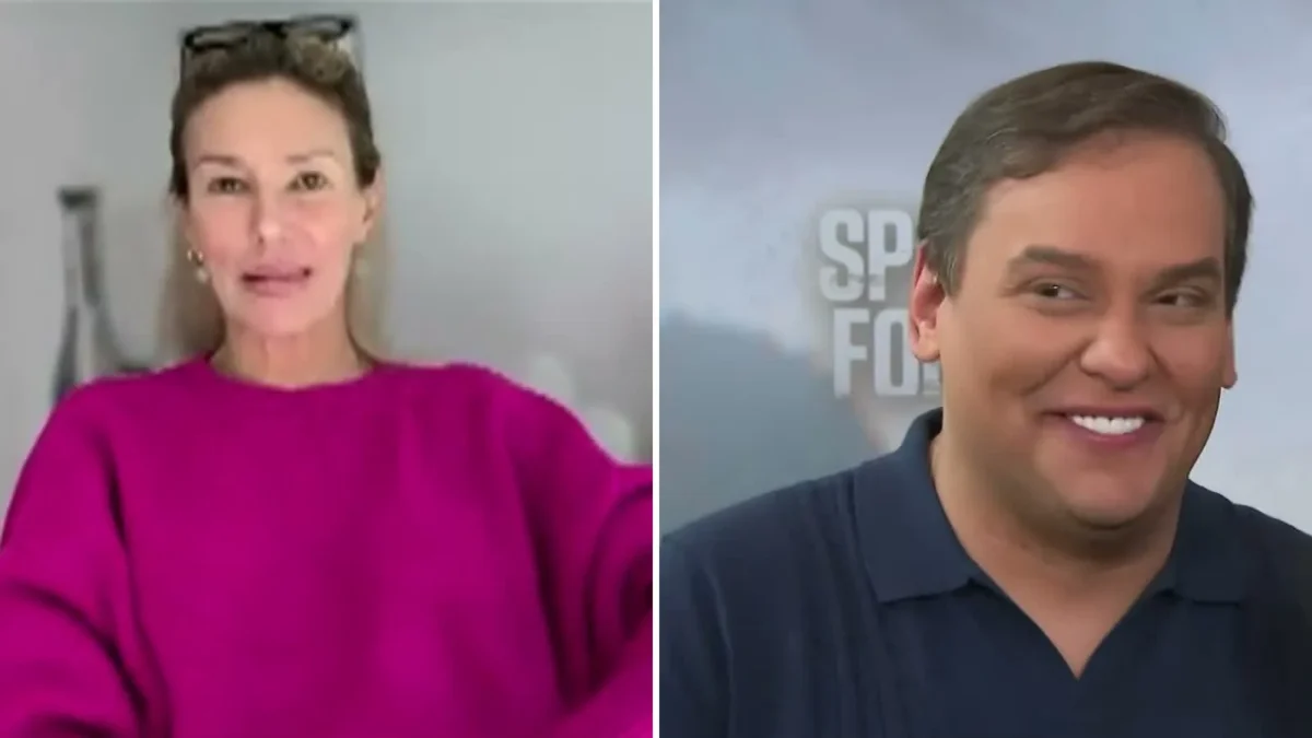 Composite image: Brandi Glanville in a magenta sweater during a video interview, and George Santos smiling in front of a Special Forces backdrop