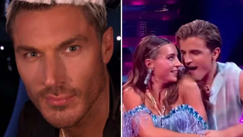 Split image: hairstylist Chris Appleton with platinum hair looking into the camera, and Dani Dyer smiling up at pro dancer Nikita Kuzmin during their Strictly Come Dancing routine