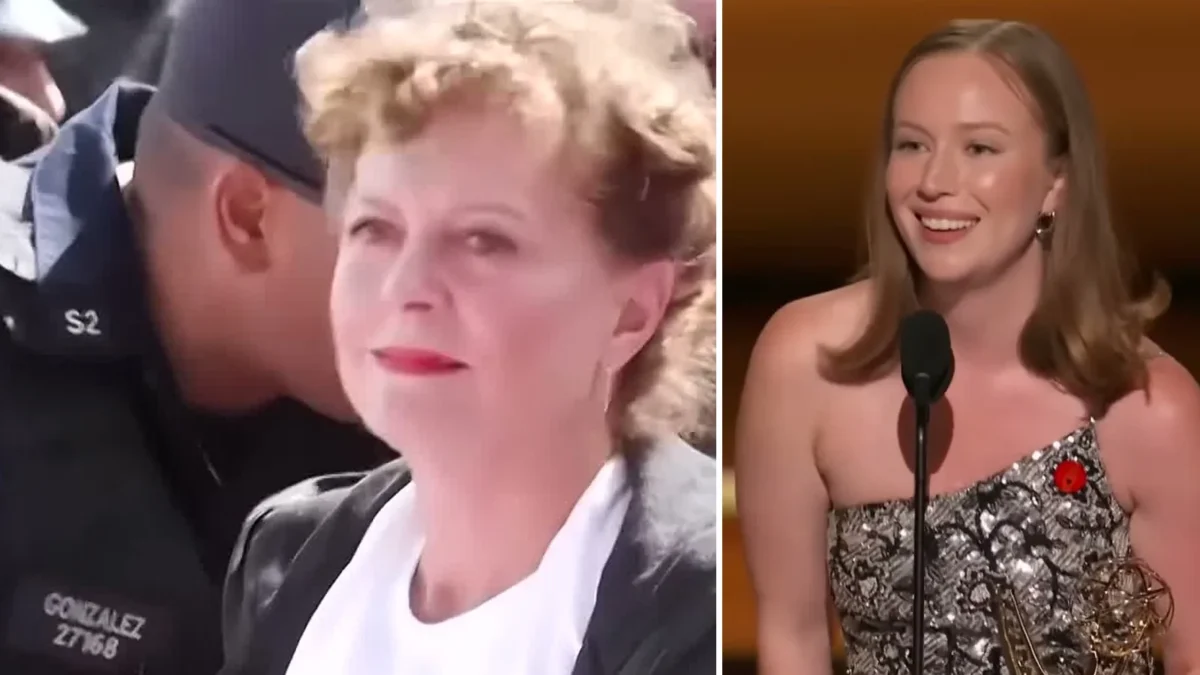 Composite image: Susan Sarandon in a white protest T-shirt beside an NYPD officer, and Hannah Einbinder smiling at a microphone holding an Emmy