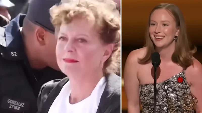 Composite image: Susan Sarandon in a white protest T-shirt beside an NYPD officer, and Hannah Einbinder smiling at a microphone holding an Emmy