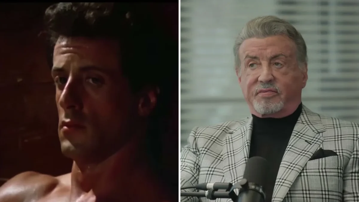 Composite image: a shirtless young Sylvester Stallone as Rocky Balboa in the Rocky III trailer, and Stallone at 80 in a plaid jacket during a podcast interview