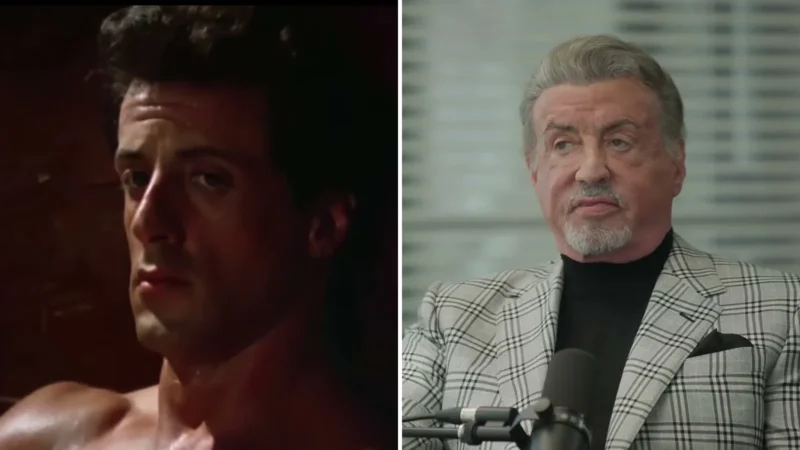 Composite image: a shirtless young Sylvester Stallone as Rocky Balboa in the Rocky III trailer, and Stallone at 80 in a plaid jacket during a podcast interview