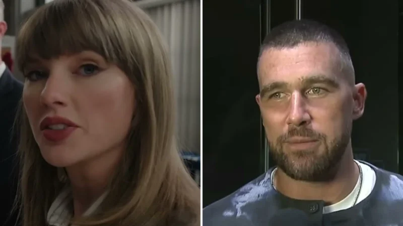 Composite image: Taylor Swift in a police squad room set during an Emmys sketch, and Travis Kelce in a gray jacket giving a postgame TV interview