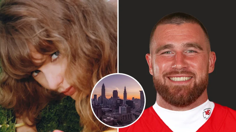 Composite image: Taylor Swift and Travis Kelce side by side with an inset of the Cleveland skyline on Lake Erie