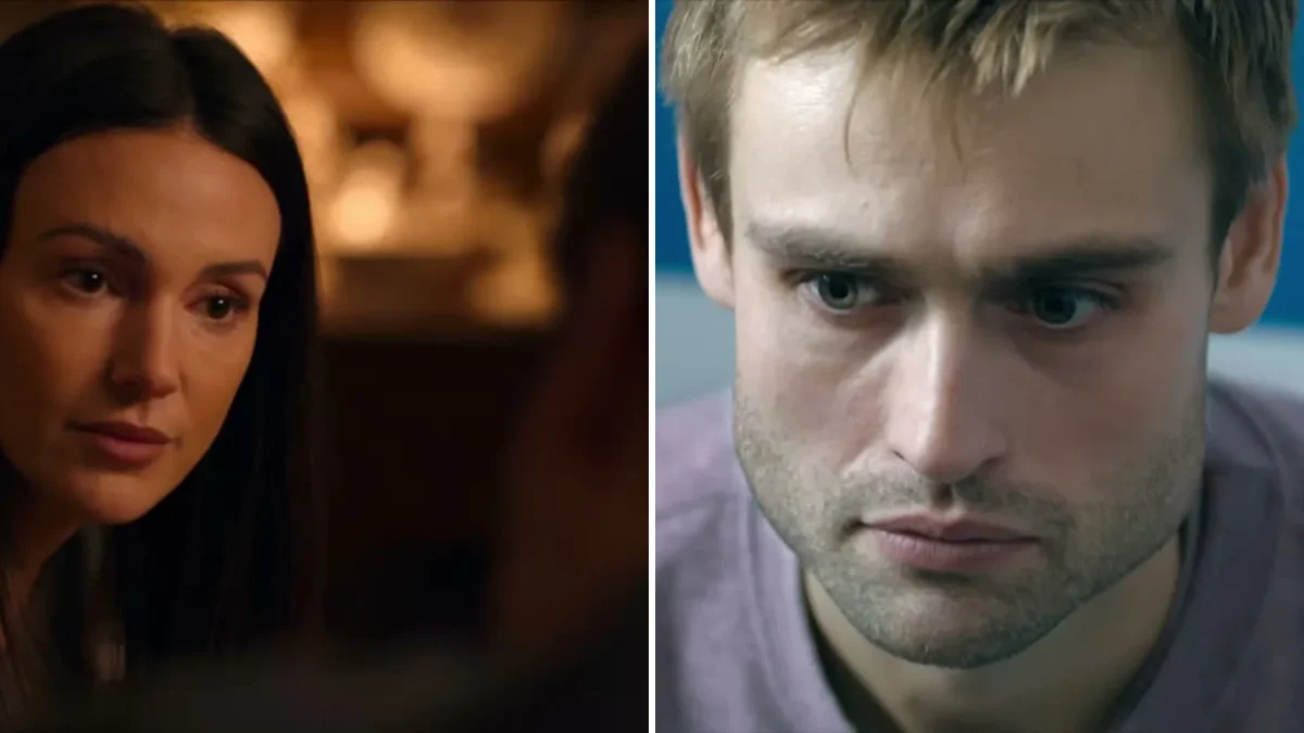 Split image of Michelle Keegan as DI Emma Crane and Douglas Booth as DI Tom Radley in ITV's The Blame