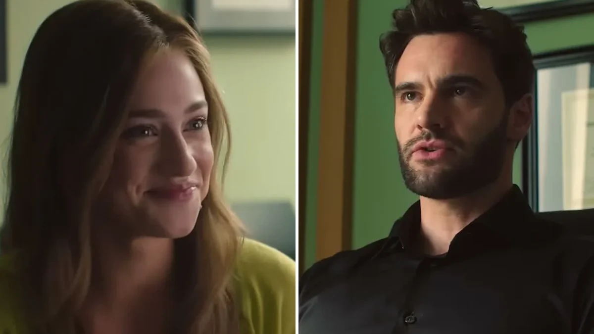 Split image of Lili Reinhart smiling as Olive and Tom Bateman as Adam in his office in The Love Hypothesis