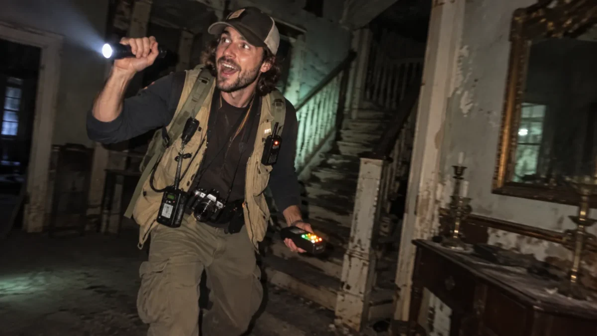 Illustration of a man dressed as a ghost hunter in a cargo vest, trucker cap and cargo pants, holding a flashlight and a handheld meter in an abandoned house