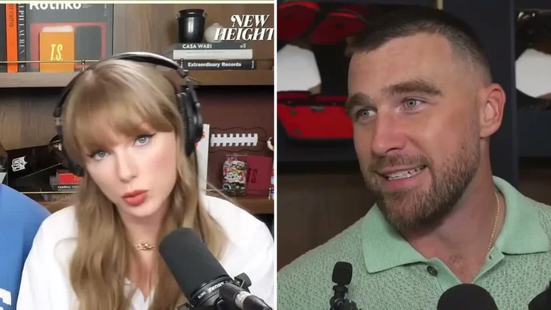 Split image of Taylor Swift on the New Heights podcast set and Travis Kelce speaking to reporters