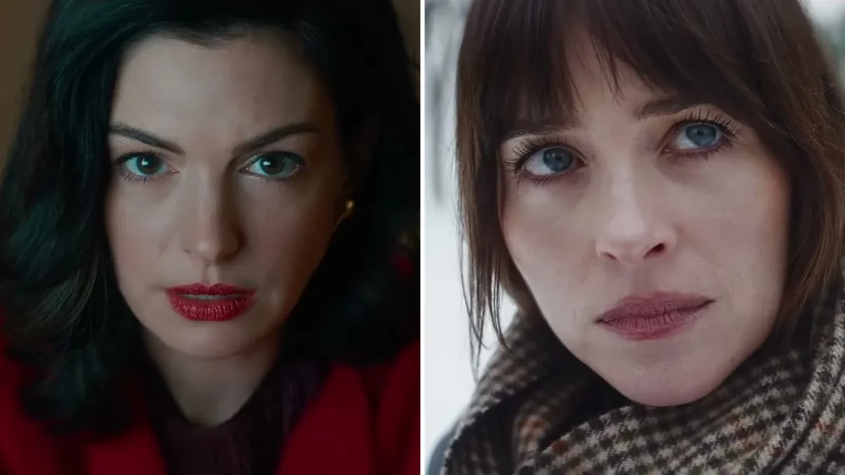 Split image of Anne Hathaway with red lipstick in a red coat and Dakota Johnson in a plaid scarf in the snow, both in scenes from Verity