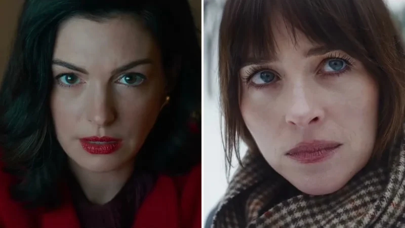 Split image of Anne Hathaway with red lipstick in a red coat and Dakota Johnson in a plaid scarf in the snow, both in scenes from Verity