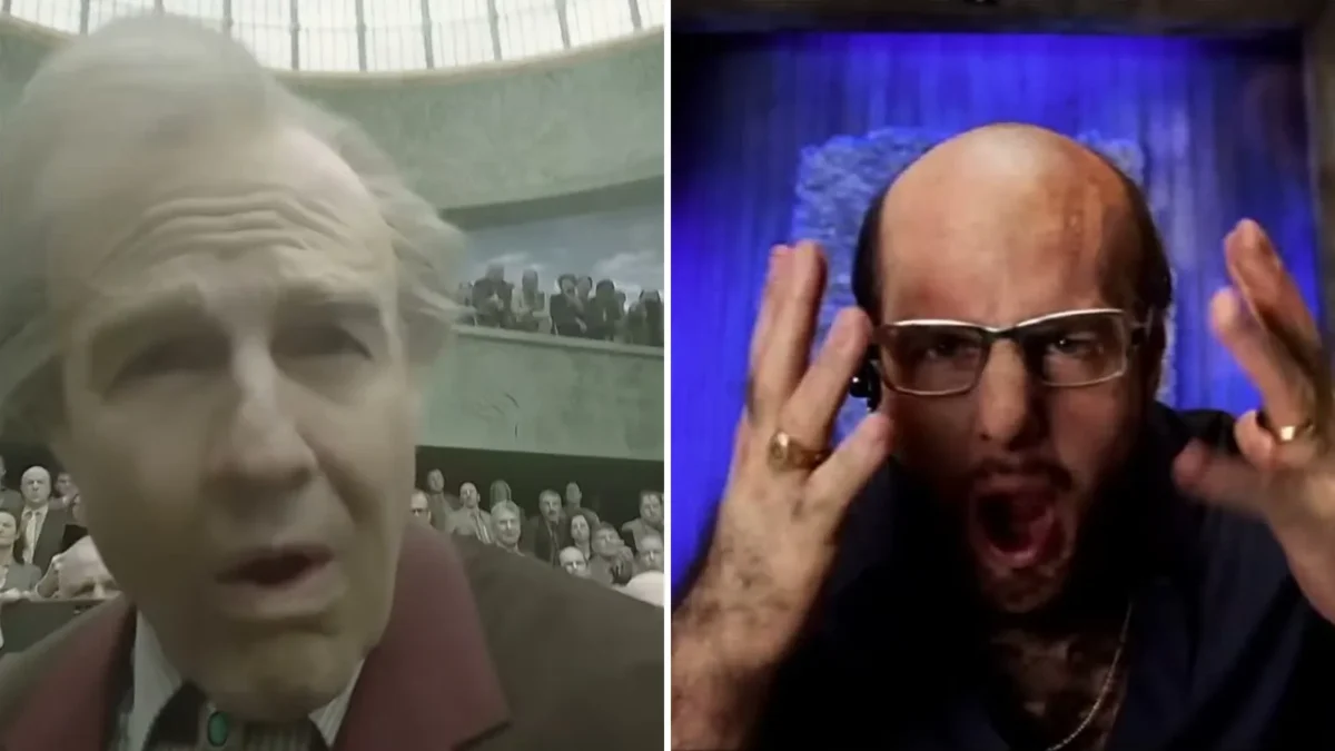 Split image: Tom Cruise as gray-haired Digger Rockwell in a domed hall, left, and as bald, bespectacled Les Grossman in Tropic Thunder, right