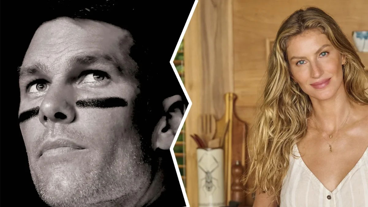Composite image: Tom Brady in eye black on the cover of Lars Anderson's biography Brady, at left, and Gisele Bündchen smiling in a kitchen on the cover of her cookbook Nourish, at right