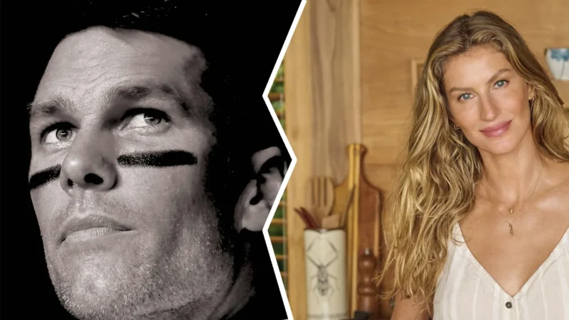 Composite image: Tom Brady in eye black on the cover of Lars Anderson's biography Brady, at left, and Gisele Bündchen smiling in a kitchen on the cover of her cookbook Nourish, at right
