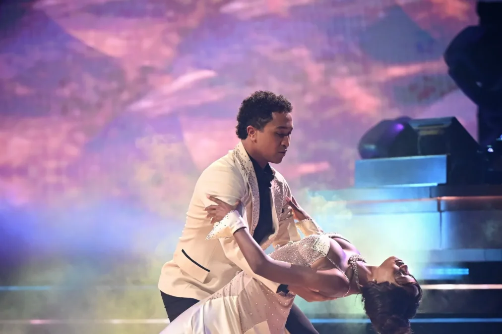 Ciara Miller is dipped by Brandon Armstrong during their Dancing With the Stars foxtrot