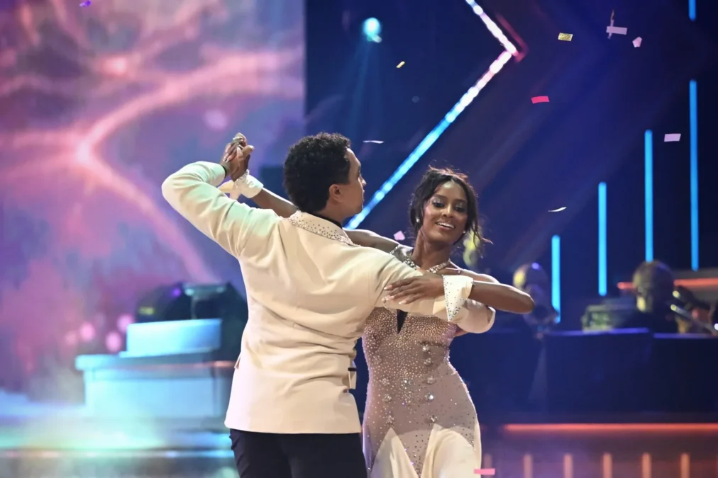 Ciara Miller and Brandon Armstrong in hold during their Dancing With the Stars season 35 premiere routine