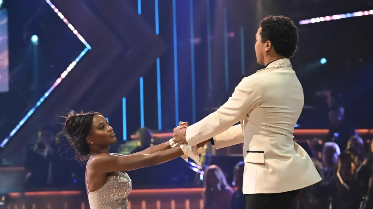 Ciara Miller dances a foxtrot with pro partner Brandon Armstrong on Dancing With the Stars season 35