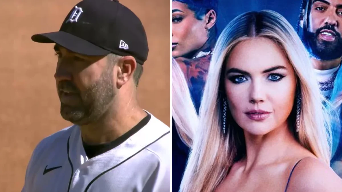 Composite image: Justin Verlander in a Detroit Tigers cap on the mound at his final start, at left, and Kate Upton in Hulu's key art for Dress My Tour, at right
