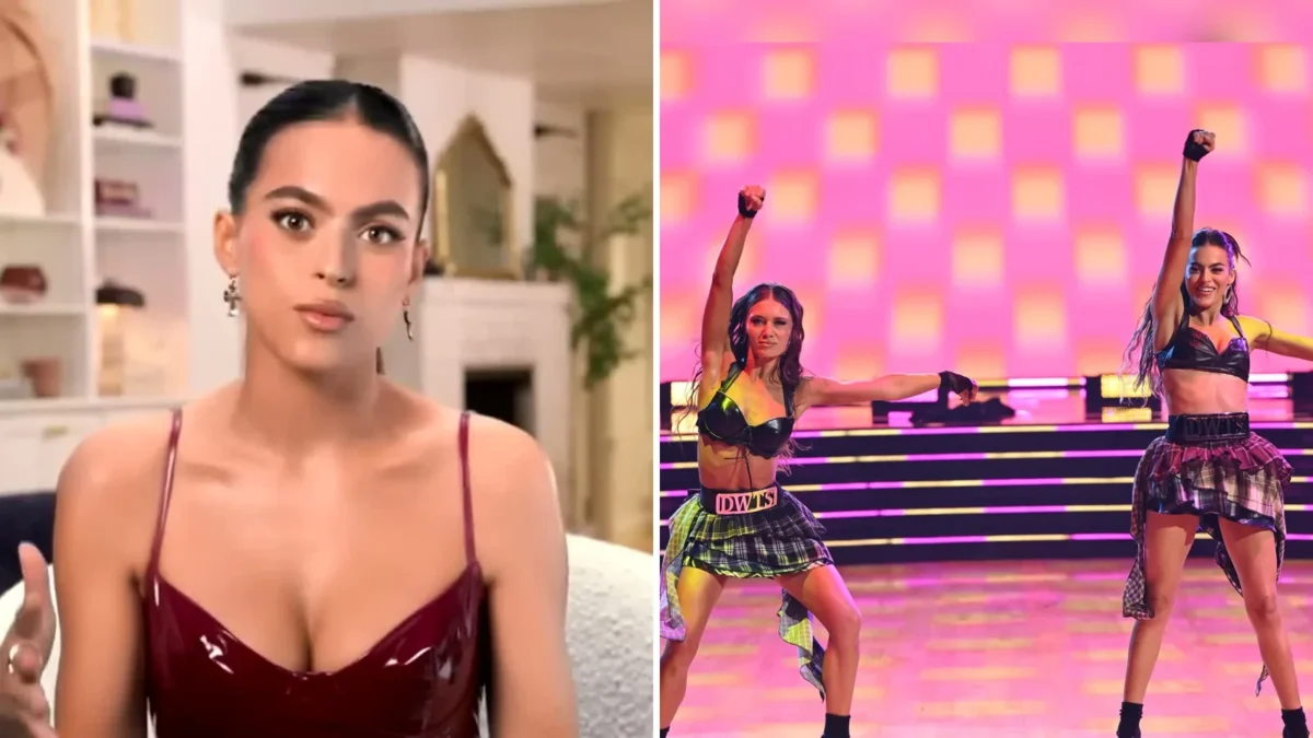Composite image: Sarah Jane Nader in a Love Thy Nader confessional, and Sarah Jane Nader and Hailey Bills dancing a jive on Dancing With the Stars