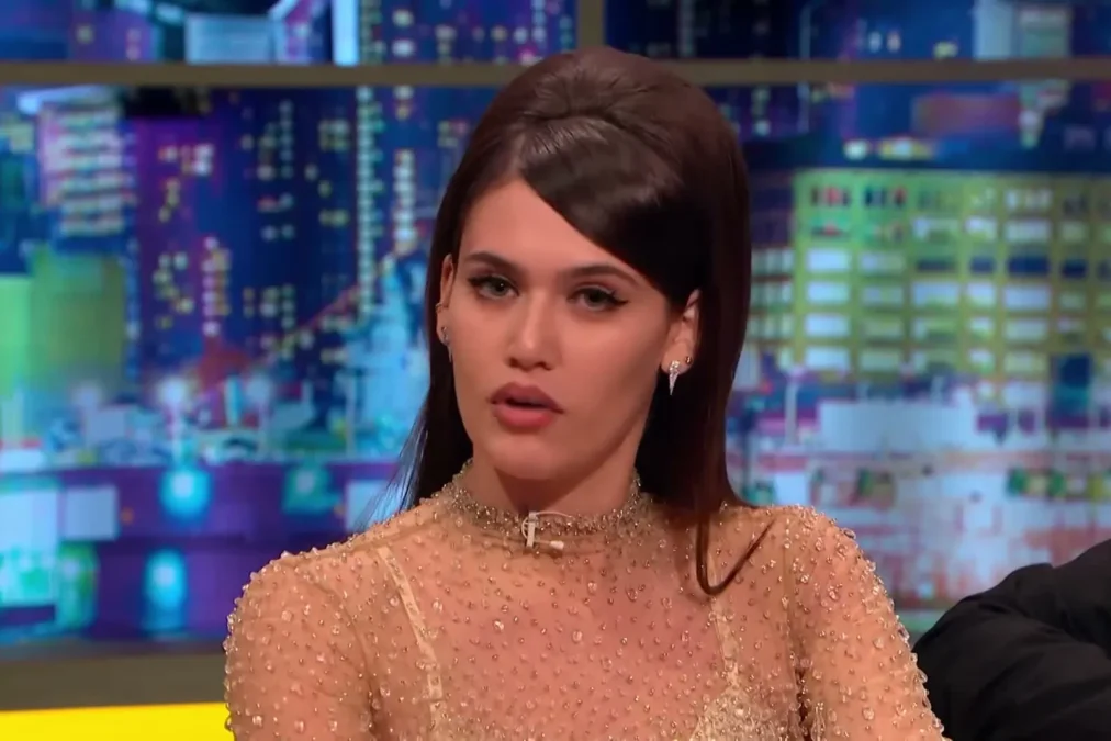 Sienna Spiro in a beaded sheer top on the set of The Jonathan Ross Show