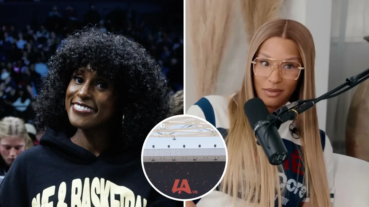 Composite image: Issa Rae smiling courtside in a Love & Basketball hoodie at left, Savannah James in glasses at a podcast microphone at right, and a circle showing the LA Orbit logo on the giant outdoor screen at Intuit Dome