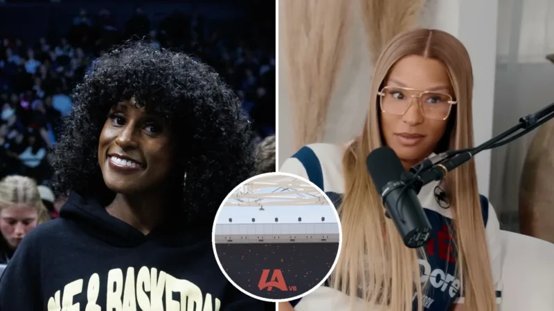 Composite image: Issa Rae smiling courtside in a Love & Basketball hoodie at left, Savannah James in glasses at a podcast microphone at right, and a circle showing the LA Orbit logo on the giant outdoor screen at Intuit Dome