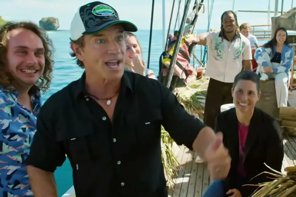 Host Jeff Probst talks to the Survivor 51 castaways on the boat before the marooning in Fiji