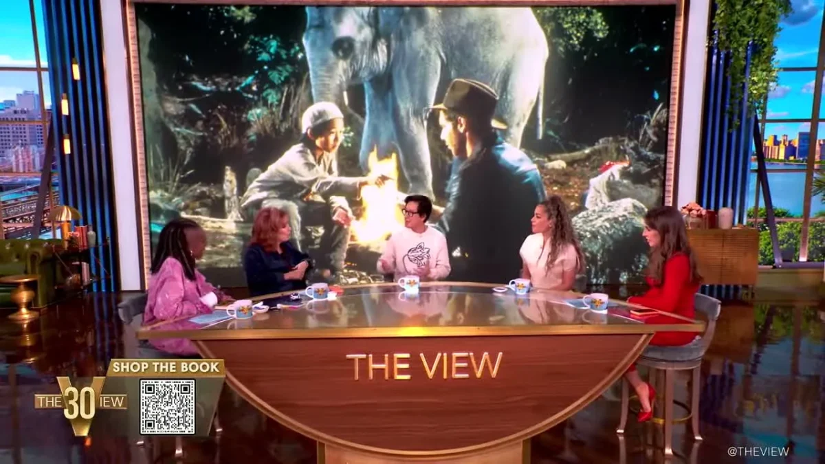 Wide shot of the Hot Topics table on The View with five people seated and a film still on the video wall