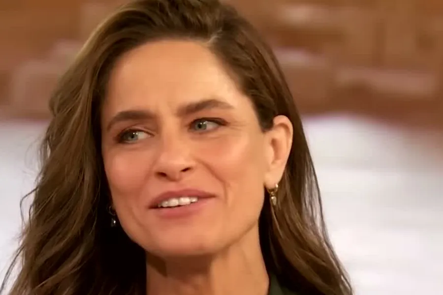 Amanda Peet with long brown hair in an olive top smiling and raising her hand on The Drew Barrymore Show