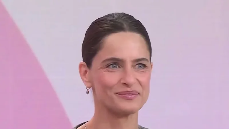 Amanda Peet with her dark hair pulled back, smiling slightly in a gray top in front of a pink-and-lilac TODAY set