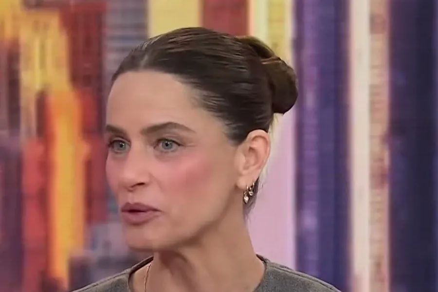 Amanda Peet with her hair in a bun and a gray top smiling on the TODAY with Jenna & Sheinelle set