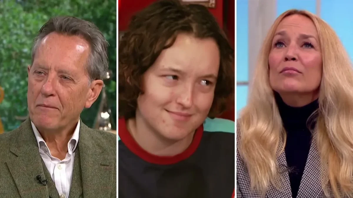 Composite image of three portraits: Richard E. Grant in a green tweed jacket at left, Bella Ramsey with curly hair in the center and Jerry Hall with long blond hair at right