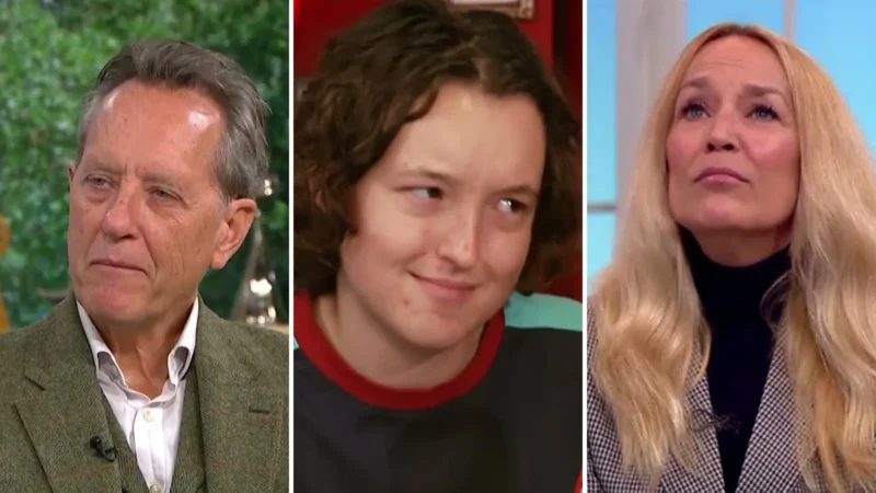 Composite image of three portraits: Richard E. Grant in a green tweed jacket at left, Bella Ramsey with curly hair in the center and Jerry Hall with long blond hair at right