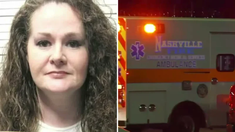 Composite image: Christa Pike's Tennessee Department of Correction photo, with long curly brown hair, at left, and a Nashville Fire ambulance with flashing lights at night at right