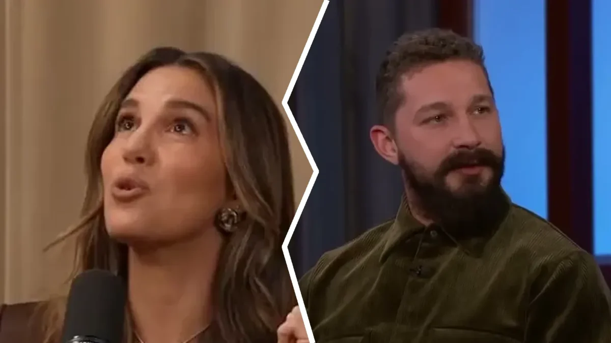 Composite image: Christy Carlson Romano with long brown hair speaking and looking up, at left, and Shia LaBeouf with a dark beard in an olive shirt looking to the side, at right