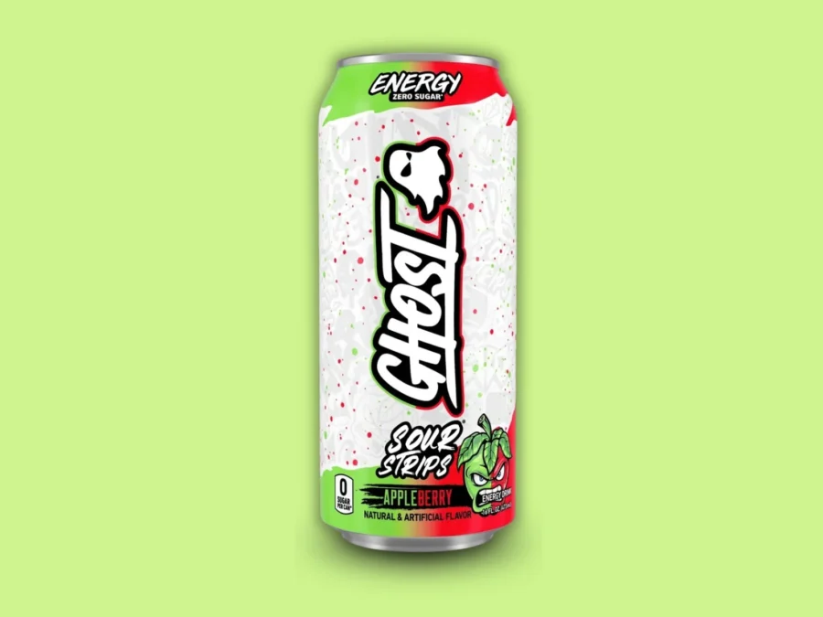 A white GHOST Energy Sour Strips Appleberry can with green and red accents on a light green background
