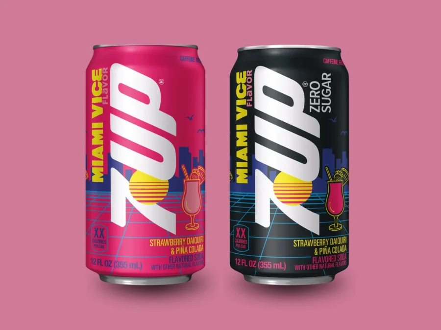 Two 7UP Miami Vice cans, a pink Regular and a black Zero Sugar, with a retro skyline and a cocktail glass on the label